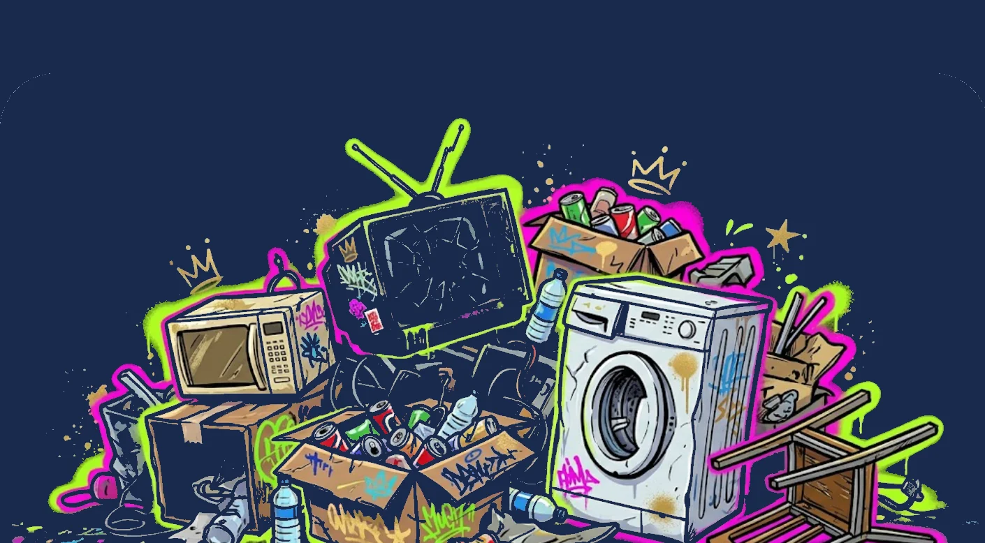Graffiti-style pile of hauled-away junk