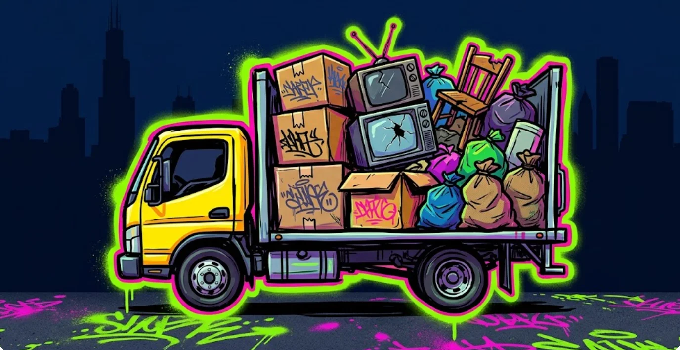 Grab My Junk truck loaded with hauled-away junk, Chicago skyline behind